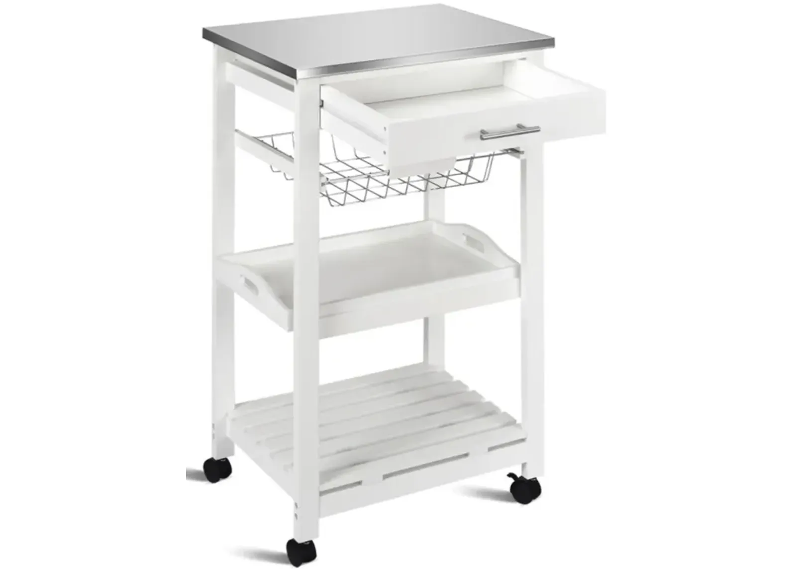 Hivvago Kitchen Island Cart with Stainless Steel Tabletop and Basket-White