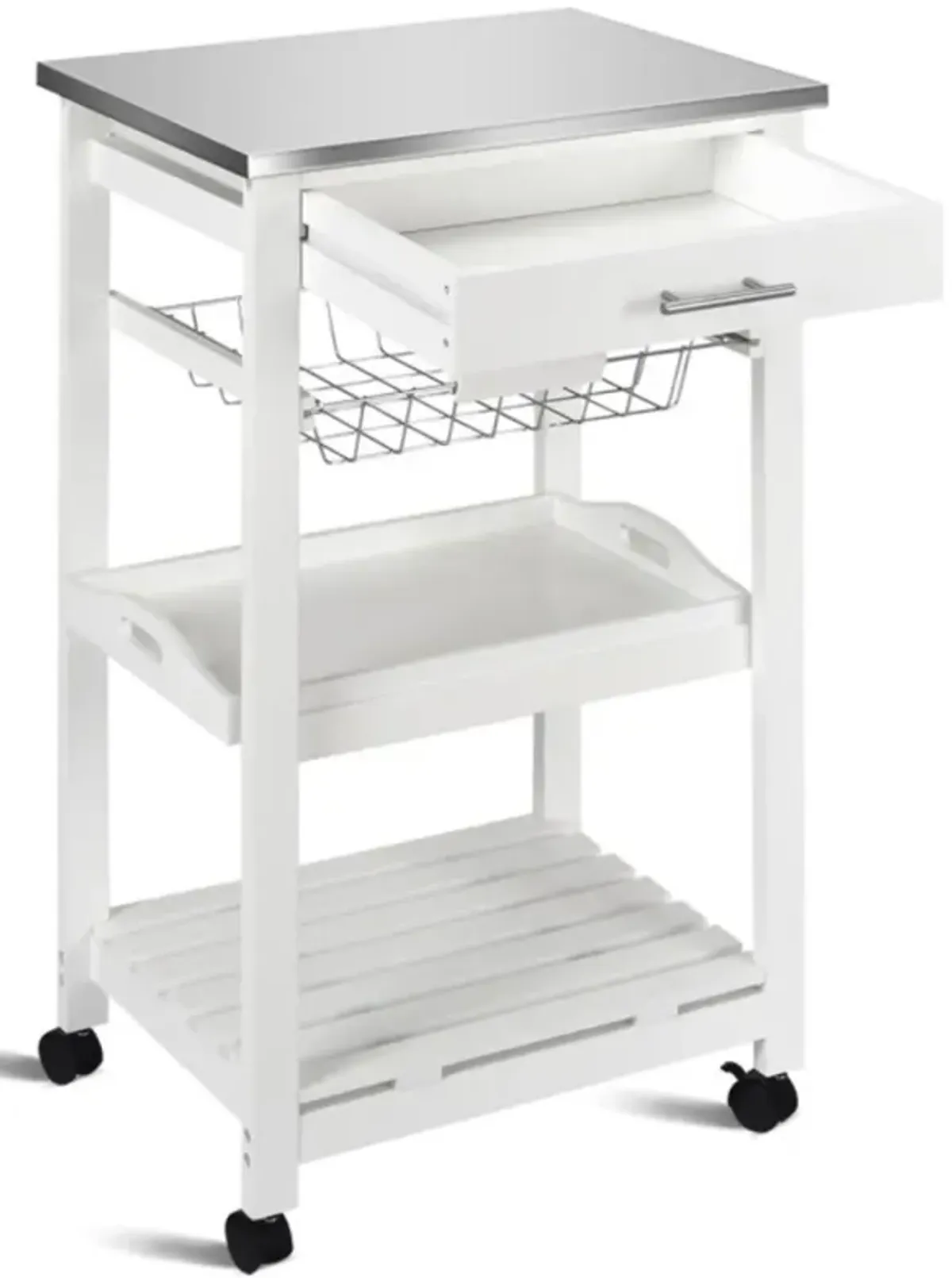 Hivvago Kitchen Island Cart with Stainless Steel Tabletop and Basket-White