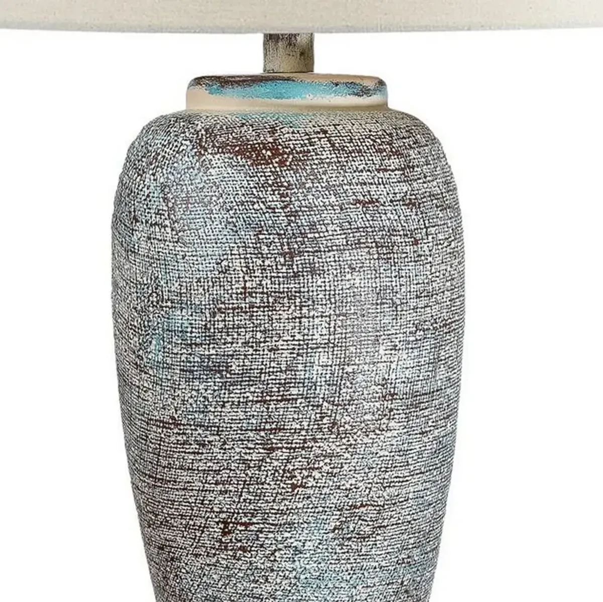 Alin 29 Inch Hydrocal Table Lamp, Drum Shade, Urn Shaped Base, Misty Sky - Benzara