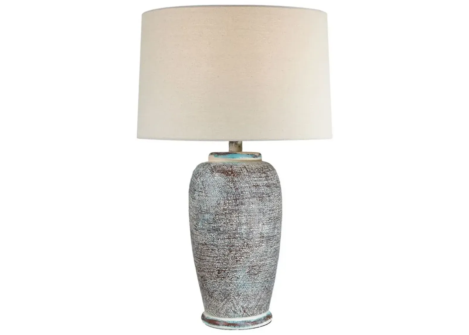 Alin 29 Inch Hydrocal Table Lamp, Drum Shade, Urn Shaped Base, Misty Sky - Benzara