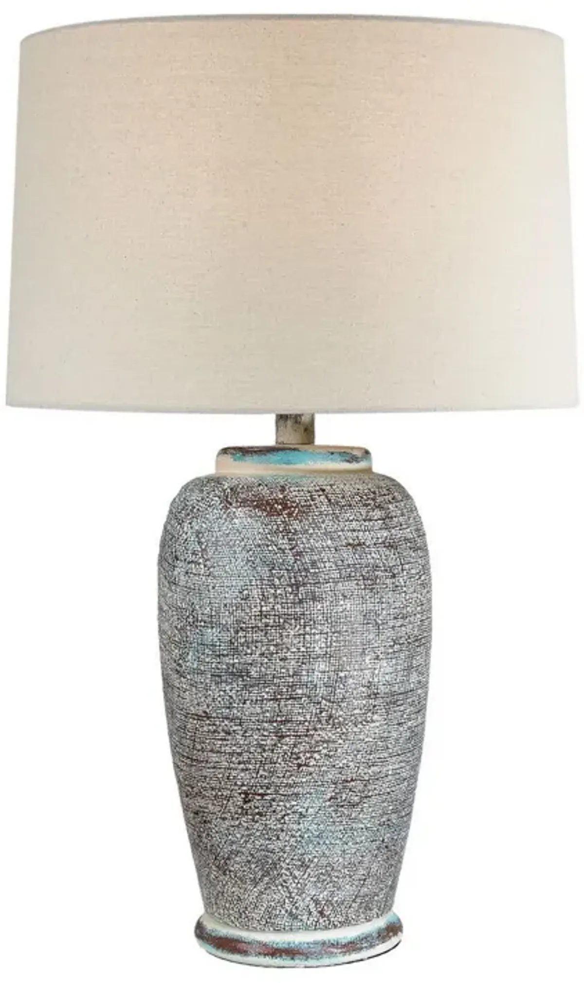 Alin 29 Inch Hydrocal Table Lamp, Drum Shade, Urn Shaped Base, Misty Sky - Benzara