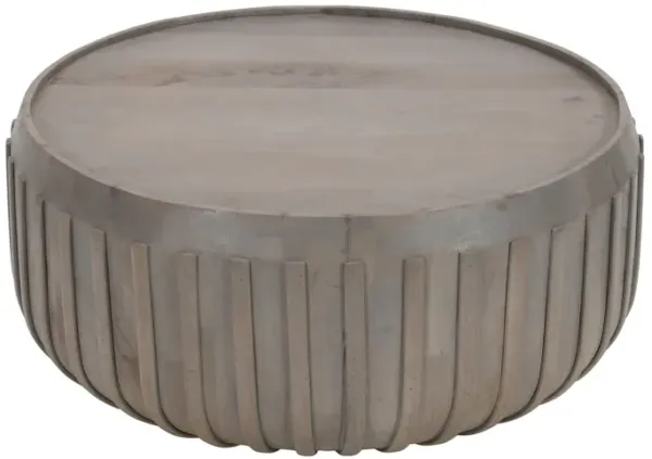 Alisha 36 Inch Coffee Table, Handcrafted Drum Shape with Ribbed Edges, Gray Mango Wood
