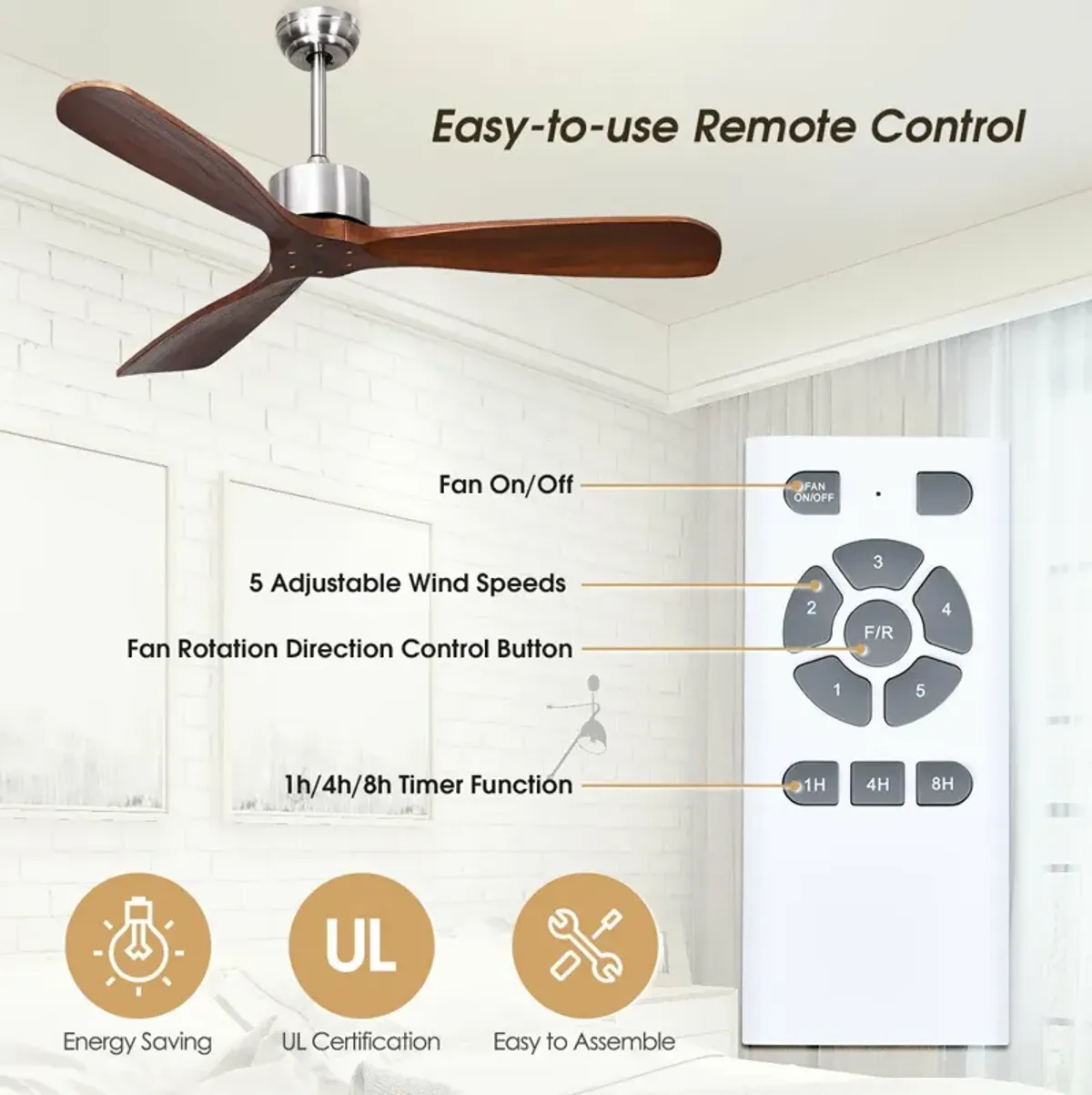 52 Inch Modern Brushed Nickel Finish Ceiling Fan with Remote Control