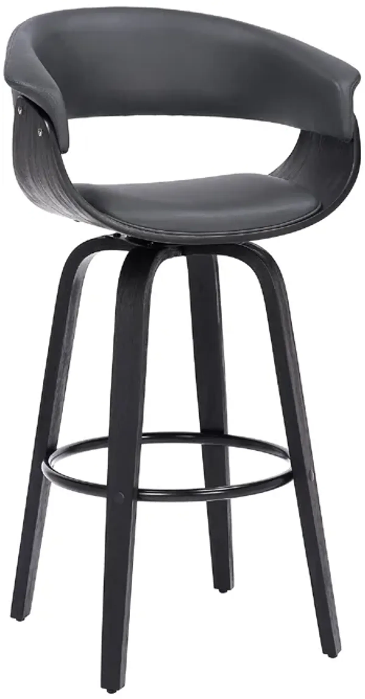 26 Inch Swivel Faux Leather Barstool with Curved Open Back, Gray-Benzara