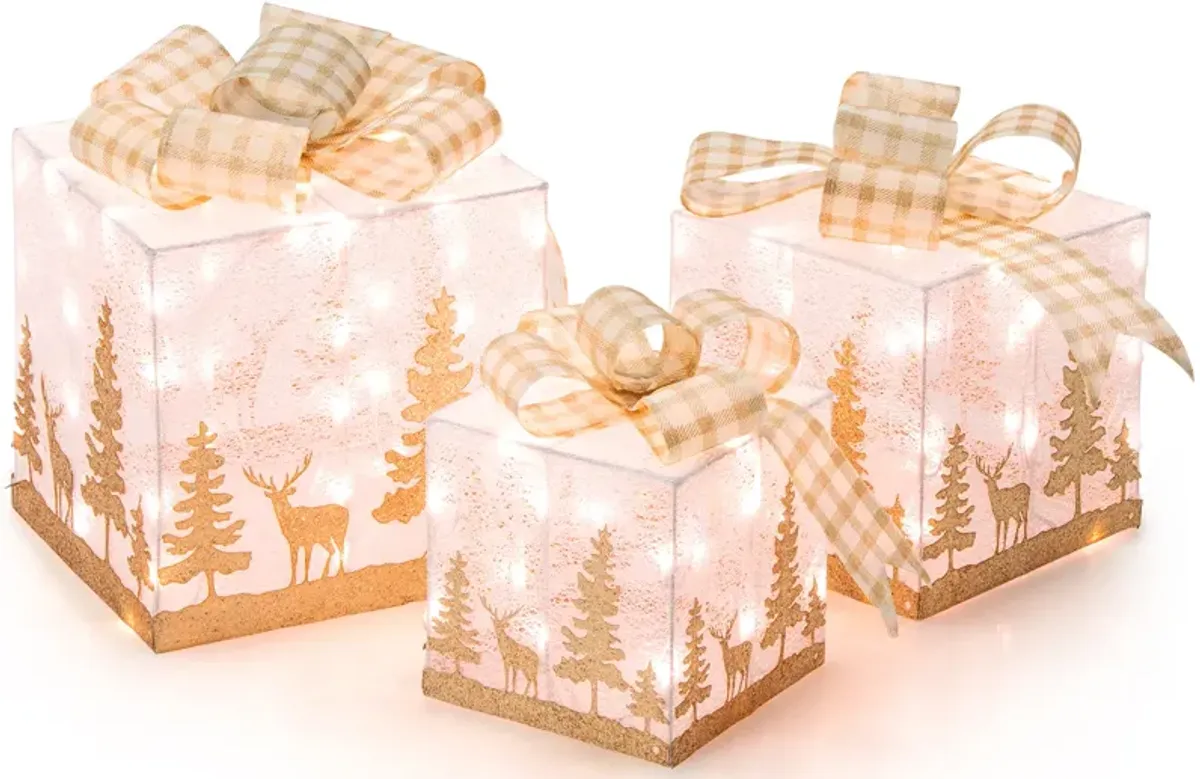 Set of 3 Lighted Christmas Gift Box with 100 Warm White Lights