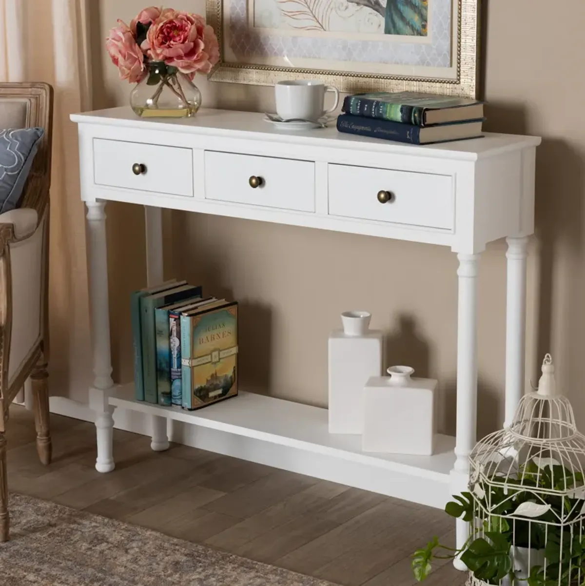 Baxton Studio Calvin Farmhouse White Finished Wood 3 Drawer Entryway Console Table