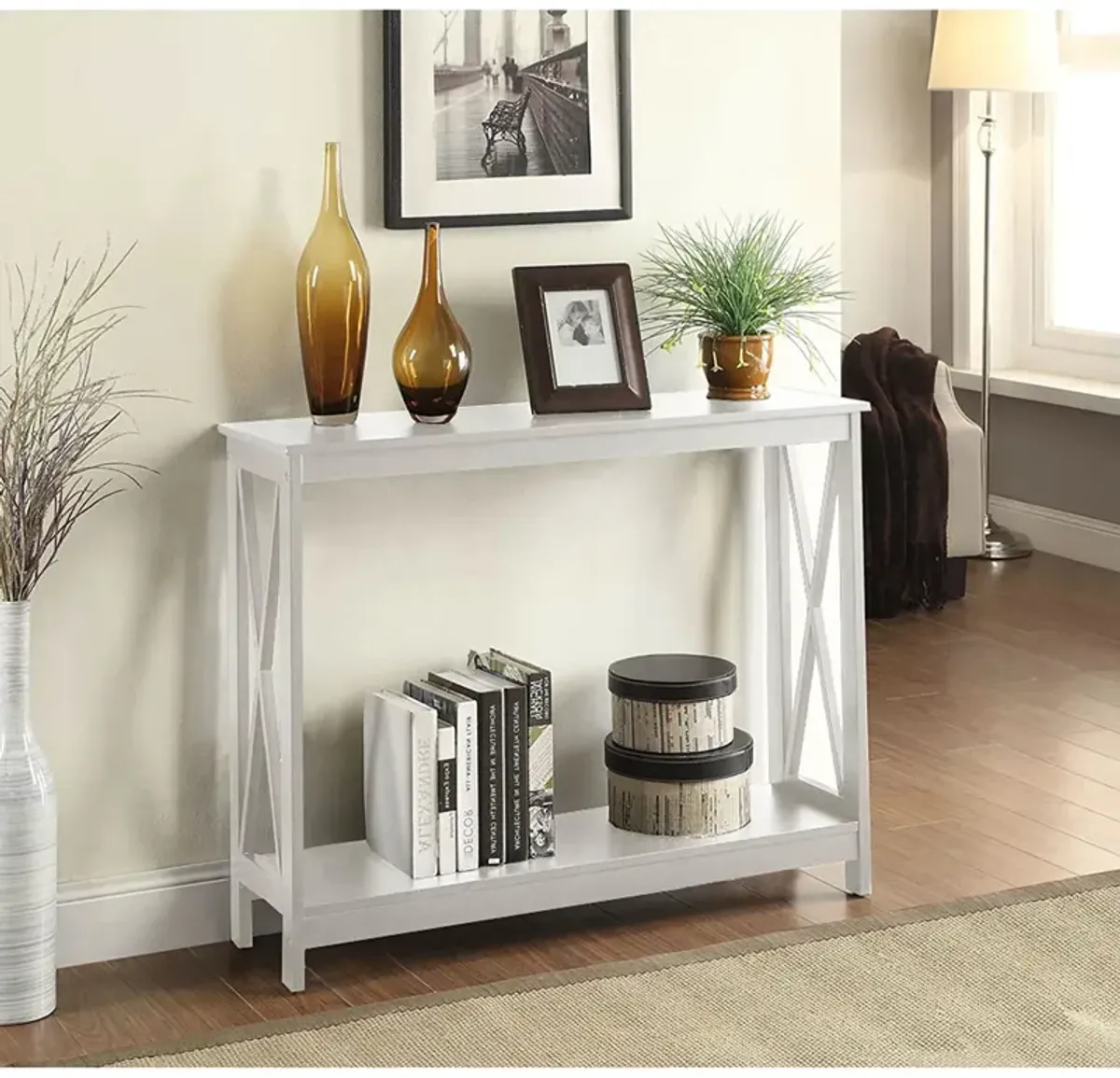 Hivvago White Wood Console Sofa Table with Bottom Storage Shelf