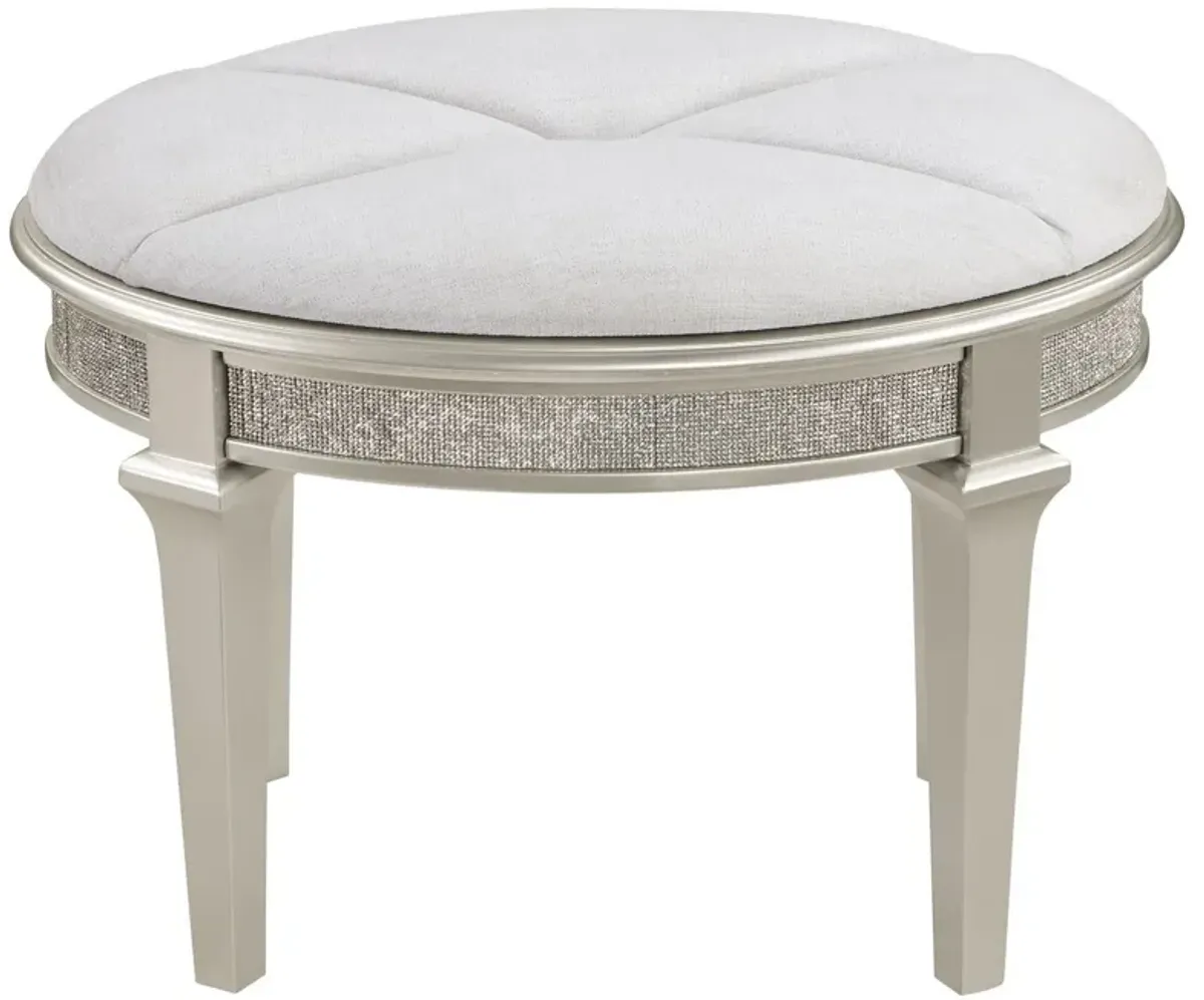 Nive 24 Inch Oval Vanity Stool, Ivory Chenille, Encrusted Faux Diamond  - Benzara