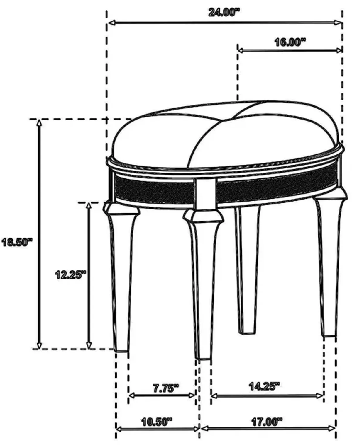 Nive 24 Inch Oval Vanity Stool, Ivory Chenille, Encrusted Faux Diamond  - Benzara