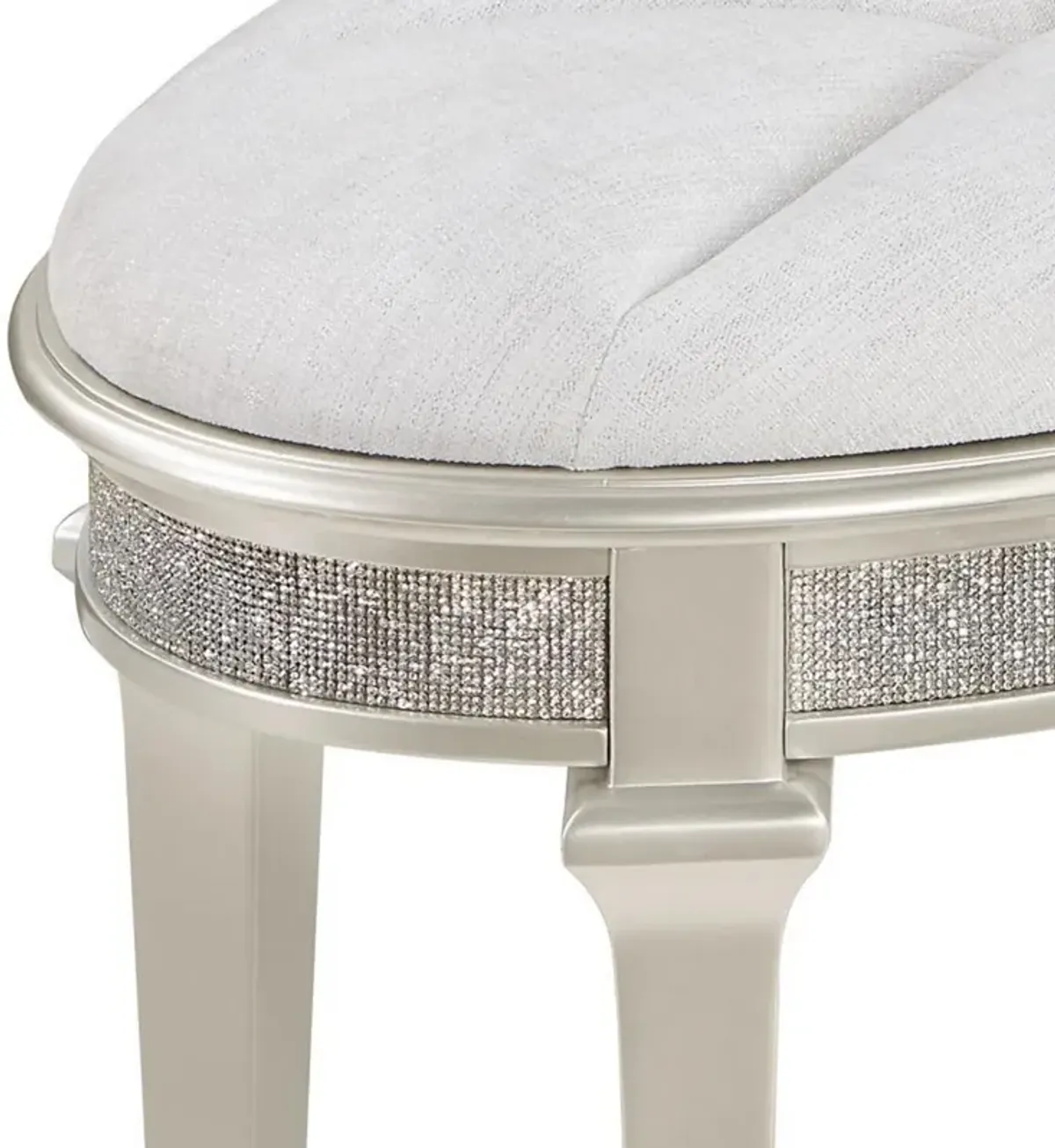 Nive 24 Inch Oval Vanity Stool, Ivory Chenille, Encrusted Faux Diamond  - Benzara