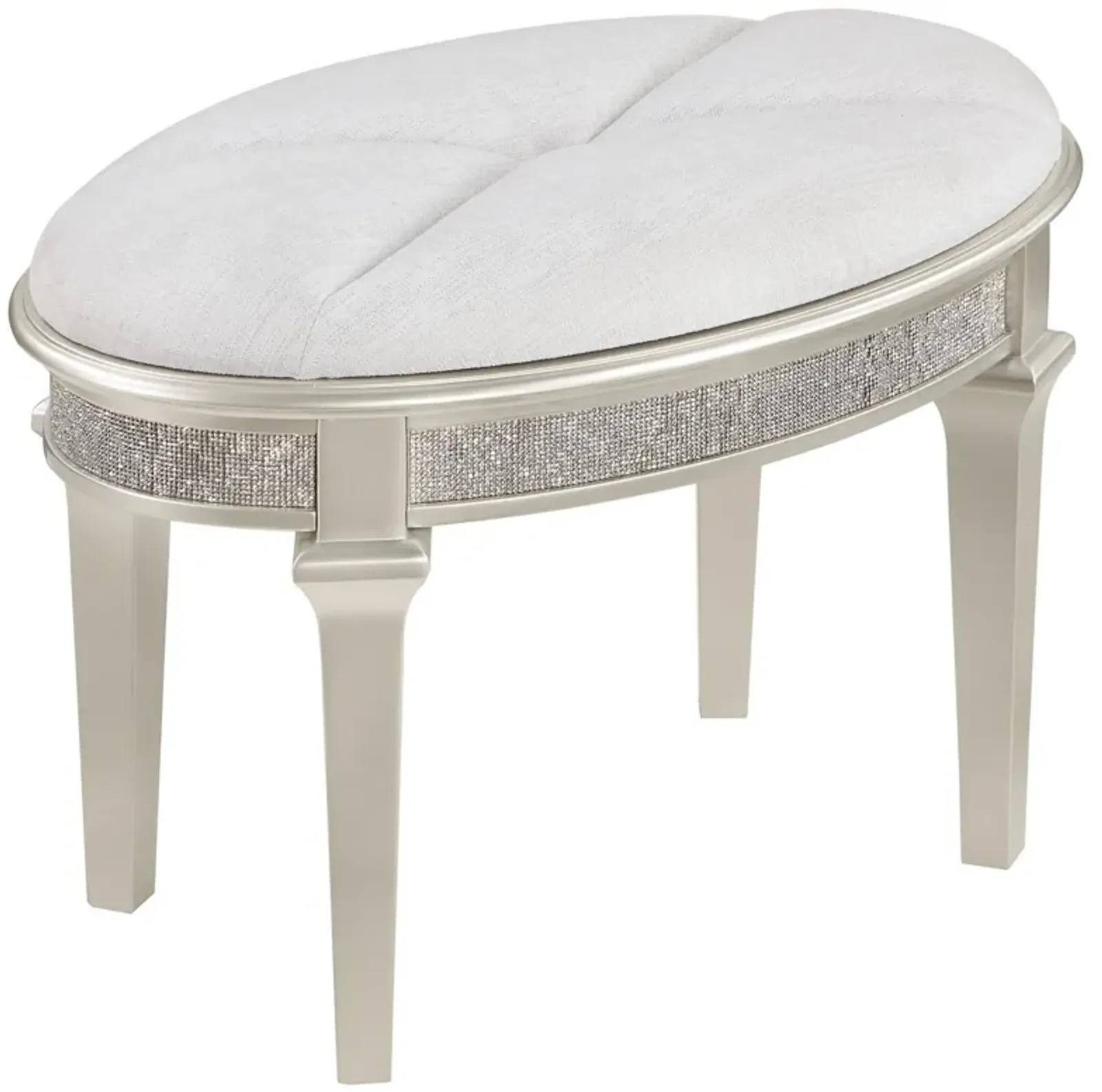 Nive 24 Inch Oval Vanity Stool, Ivory Chenille, Encrusted Faux Diamond  - Benzara