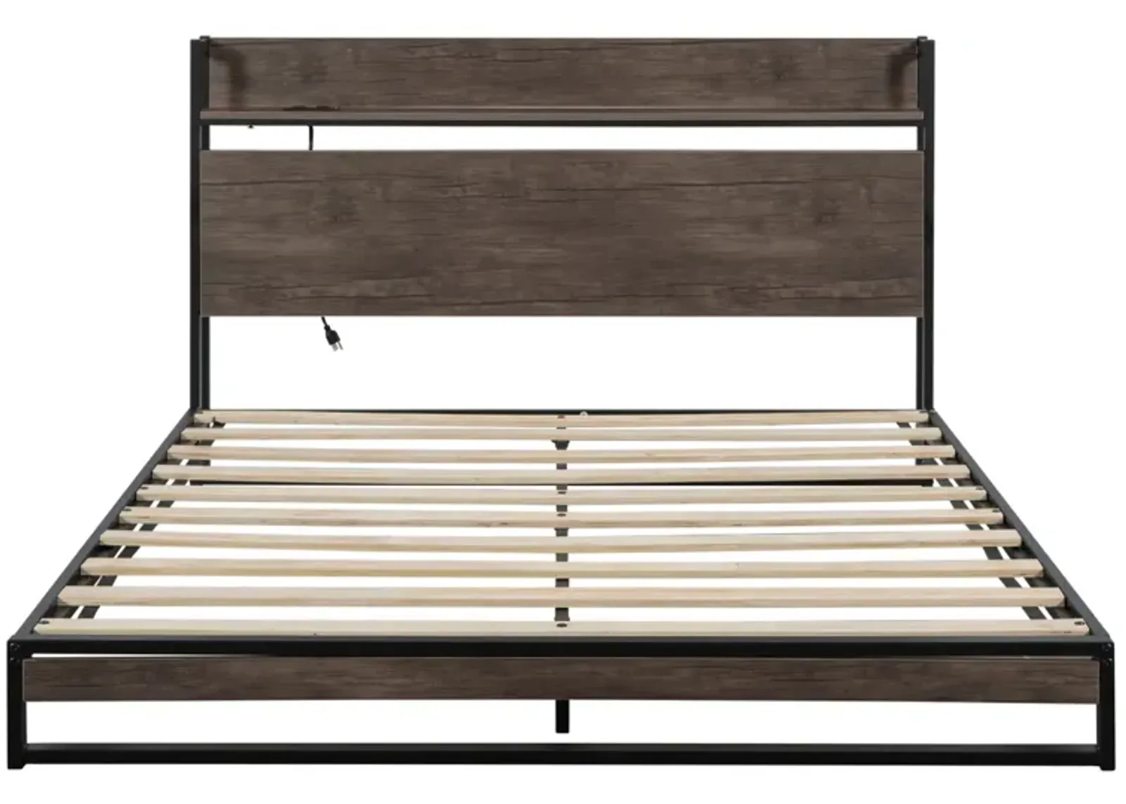 Platform Queen Bed With Socket, Fast Assemble Design