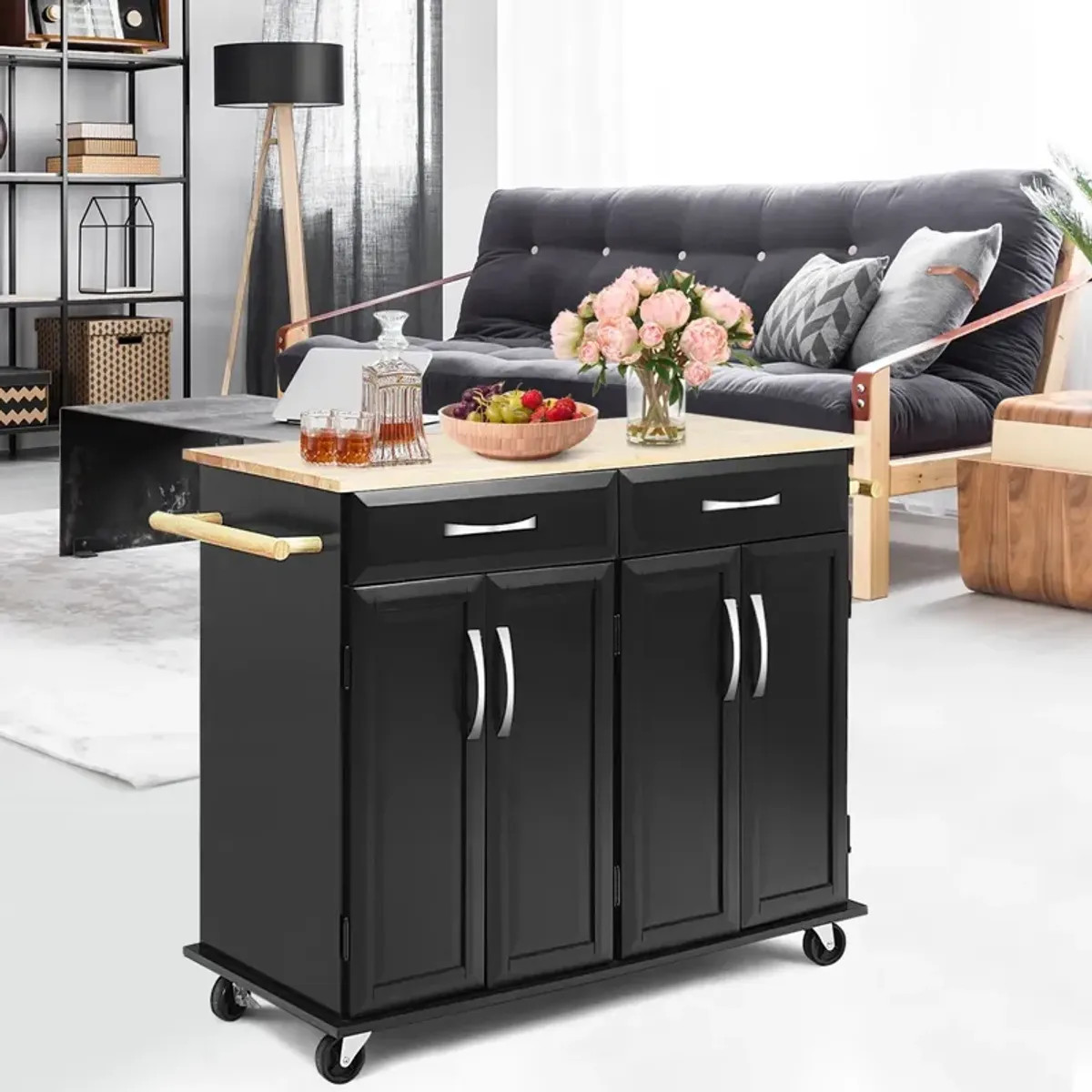 Wood Top Rolling Kitchen Trolley Island Cart Storage Cabinet