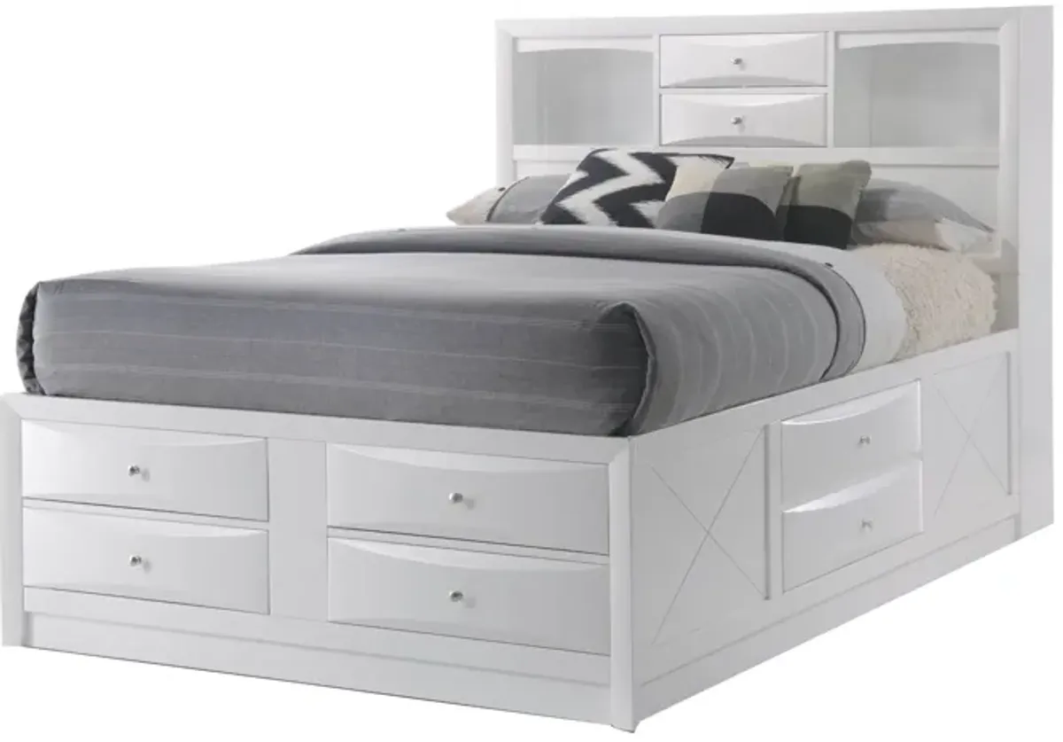 Eight Drawer Full Size Storage Bed with Bookcase Headboard, White - Benzara