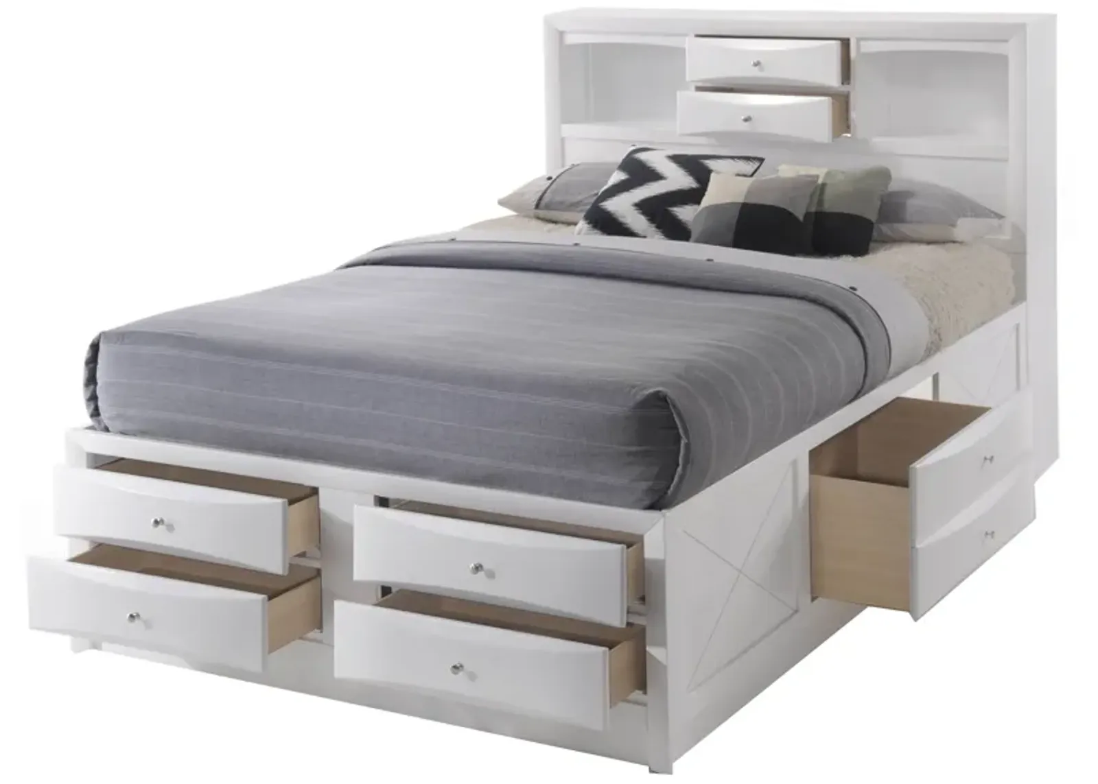 Eight Drawer Full Size Storage Bed with Bookcase Headboard, White - Benzara