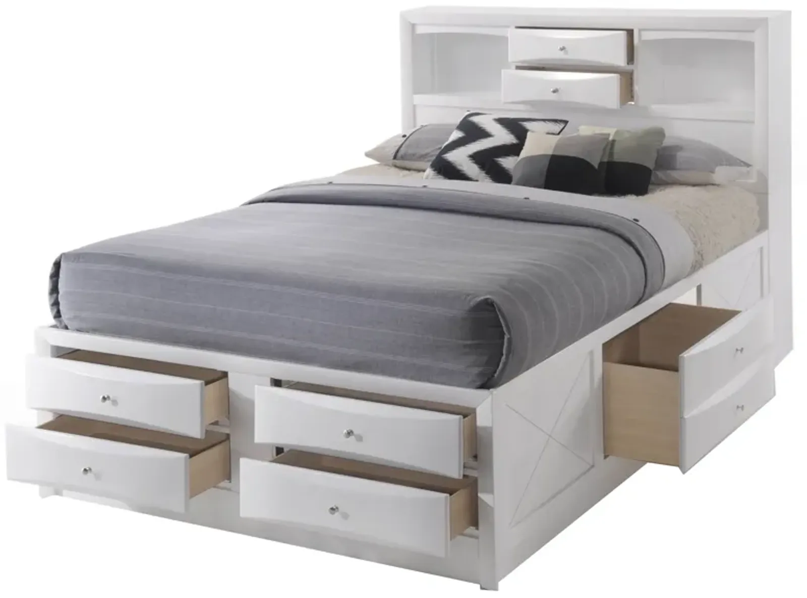 Eight Drawer Full Size Storage Bed with Bookcase Headboard, White - Benzara