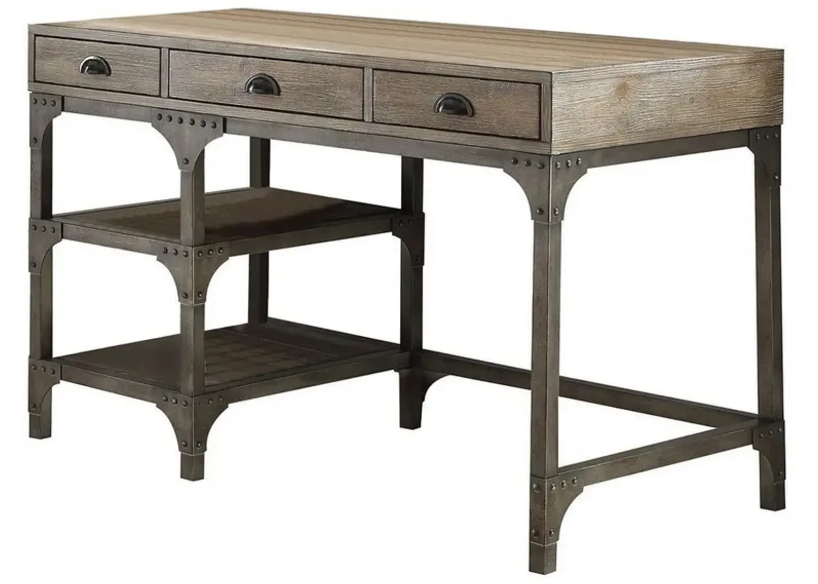 Wood And Metal Desk With Three Drawers And Two Side Shelves, Oak Brown And Gray-Benzara