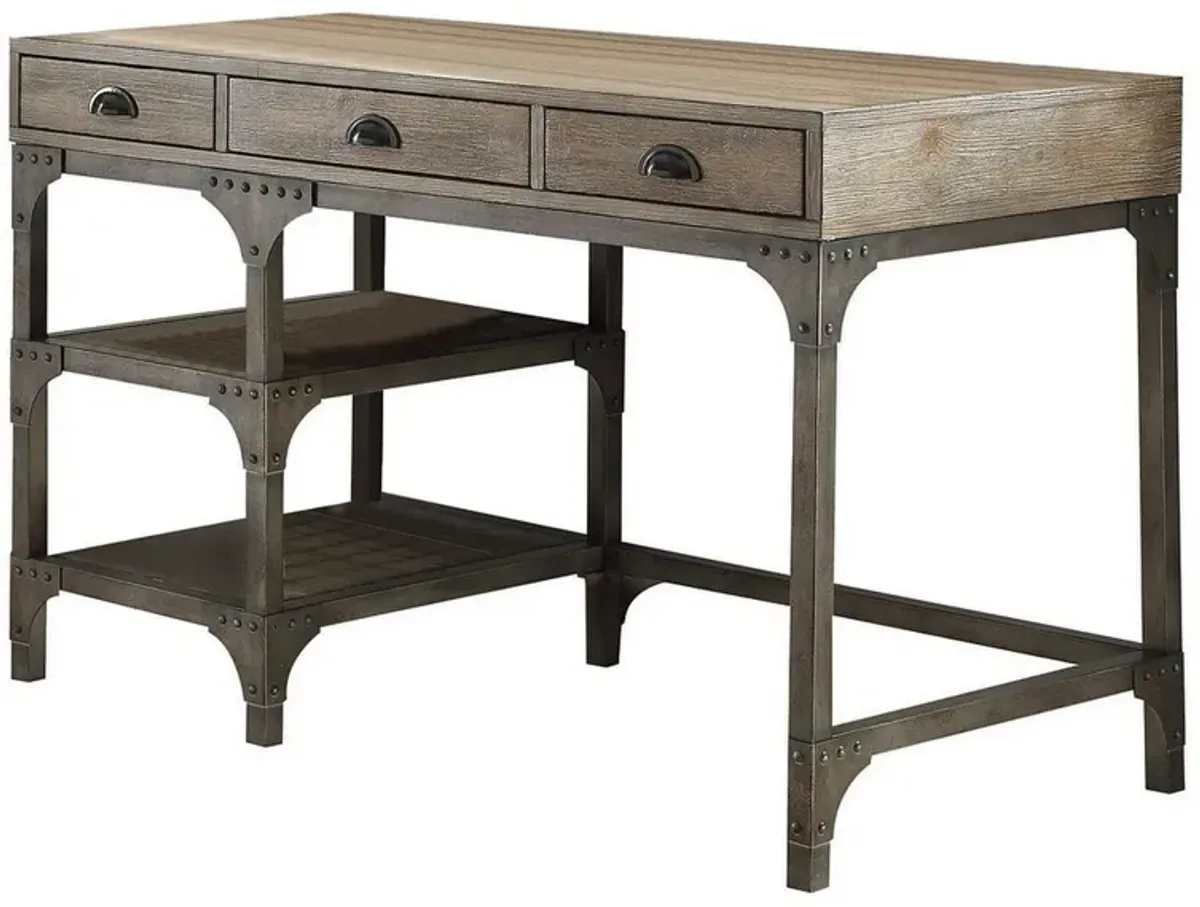 Wood And Metal Desk With Three Drawers And Two Side Shelves, Oak Brown And Gray-Benzara