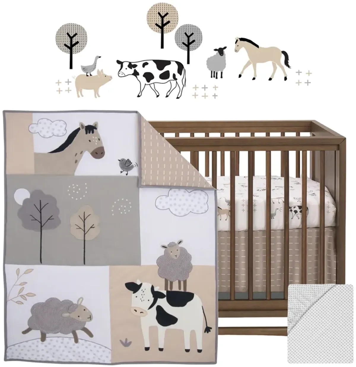 Lambs & Ivy Baby Farm Animals 5-Piece White/Taupe Baby Crib Bedding Set