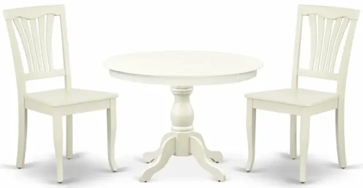 East West Furniture HBAV3-LWH-W 3 Piece Kitchen Set - Linen White Dinning Table and 2 Linen White Wooden Dining Chairs with Slatted Back - Linen White Finish