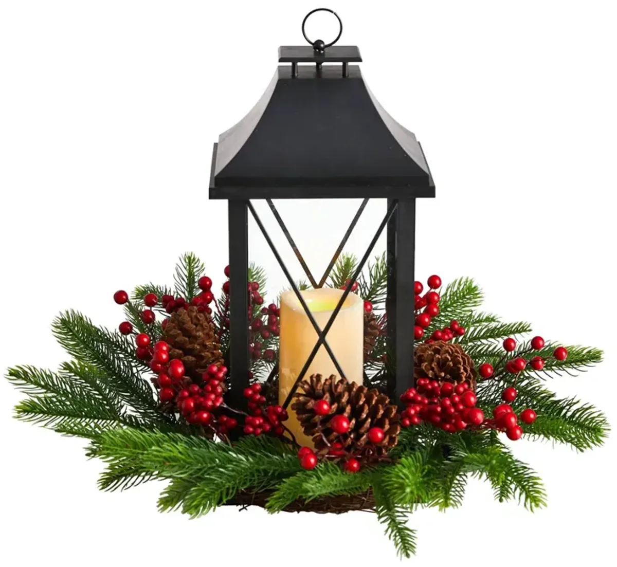 Nearly Natural 16-in Holiday Christmas Berries, Pinecones and Greenery with Lantern and Included LED Candle Artificial Table Arrangement