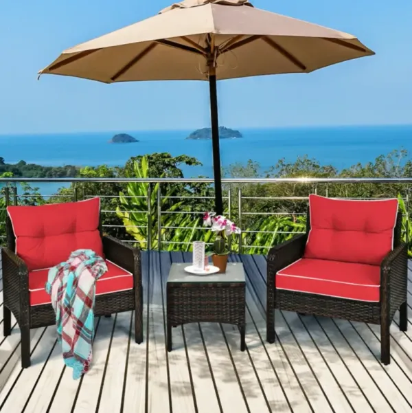Hivvago 3 Pieces Outdoor Patio Rattan Conversation Set with Seat Cushions