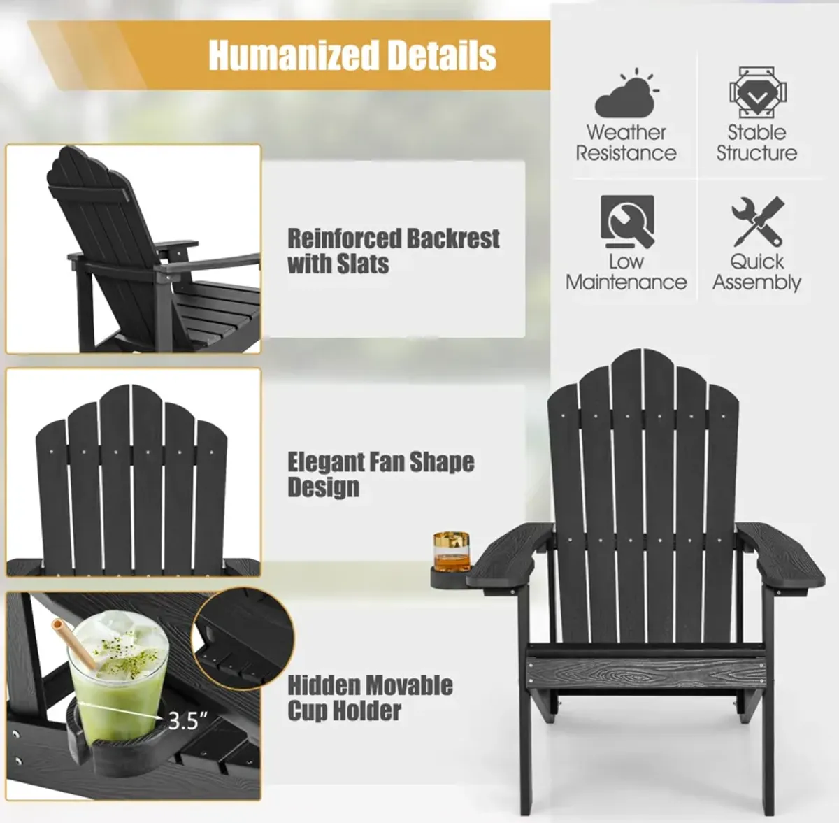 Weather Resistant HIPS Outdoor Adirondack Chair with Cup Holder