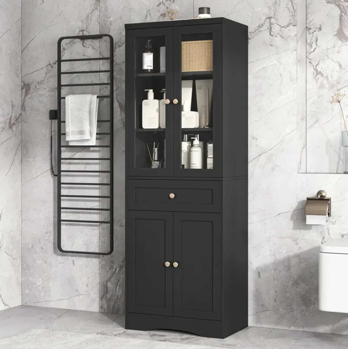 Whisen Verticle Black Bathroom Storage Cabinet, Cabinet with Doors, Drawer and Adjustable Shelf - Black