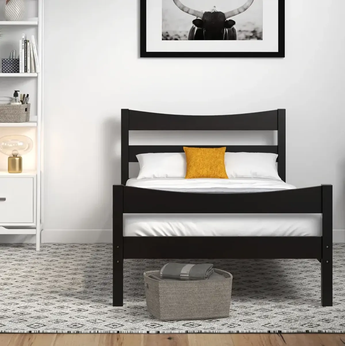 Twin Size Rustic Style Platform Bed Frame with Headboard and Footboard