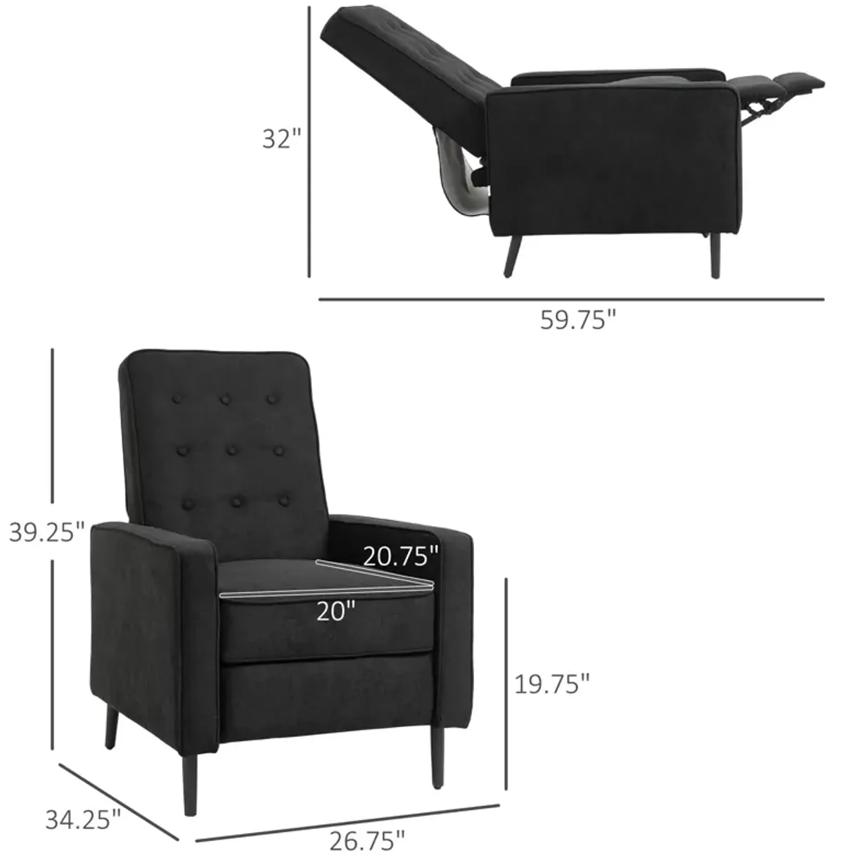 Black Living Room Comfort: Manual Recliner Fabric Tufted Club Chair