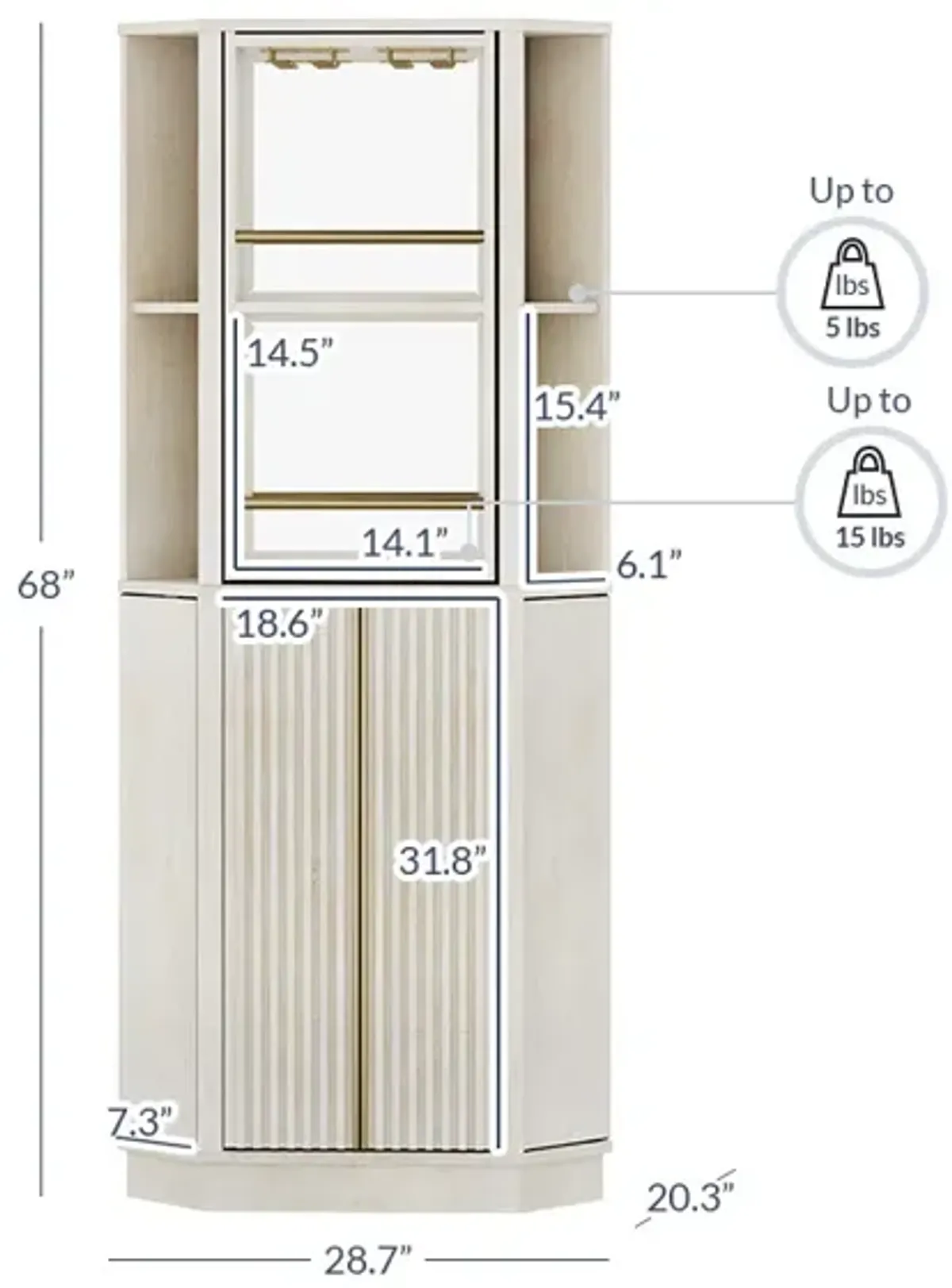 BELLEZE 68" Tall Farmhouse Corner Bar Storage Cabinet with Rotating Wine Rack, Modern Home Bar Liquor Storage Cabinet for Dining Room, Living Room & Kitchen, White Sand