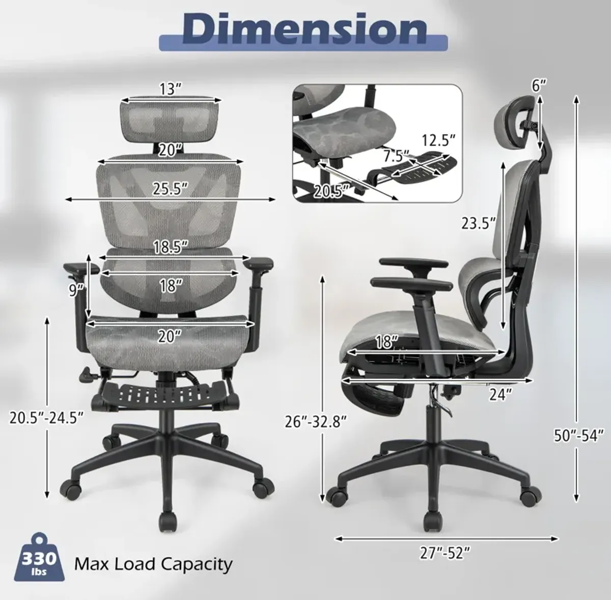 Mesh Office Chair with Tilting Backrest and Retractable Footrest-Grey