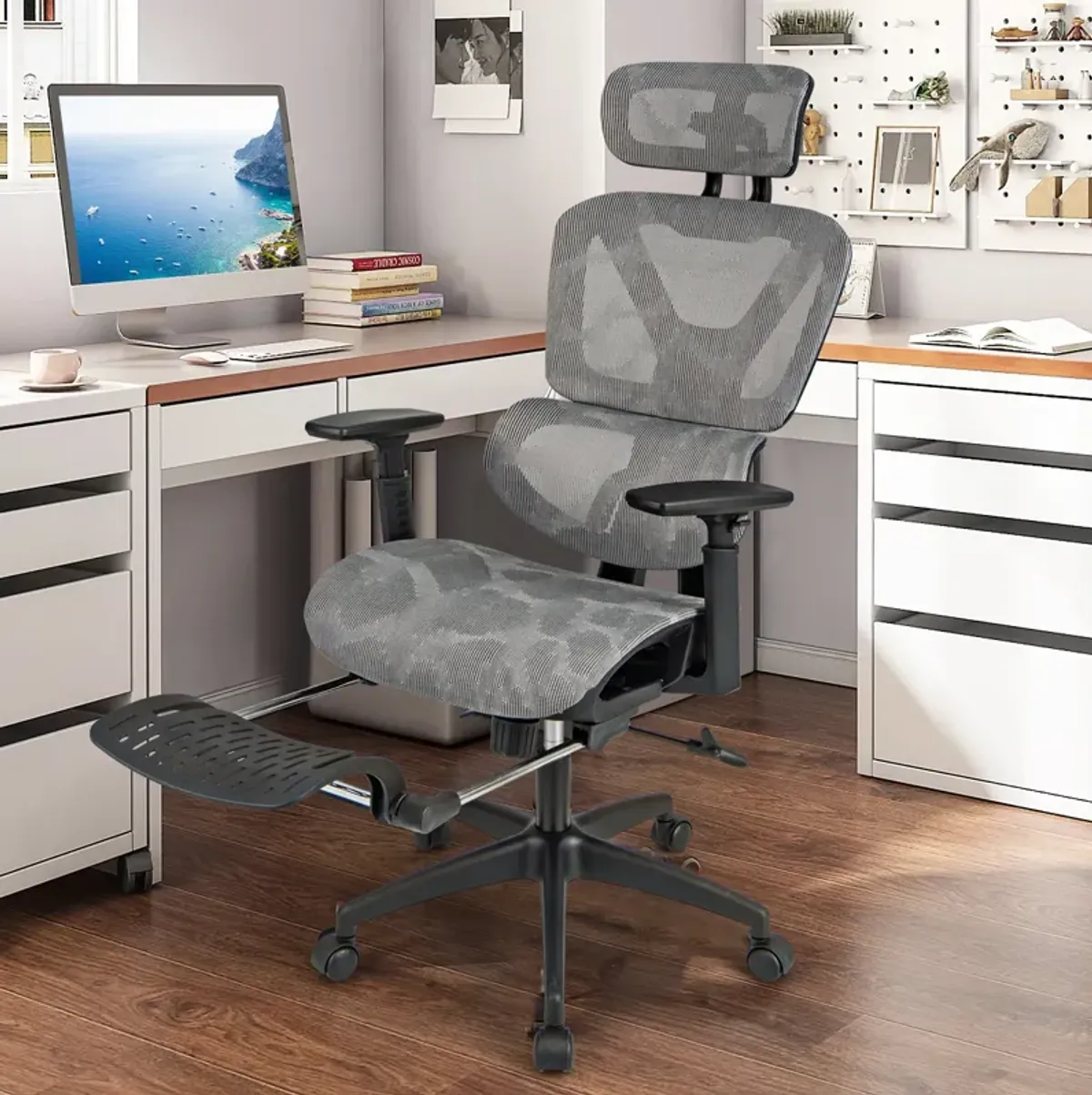 Mesh Office Chair with Tilting Backrest and Retractable Footrest-Grey