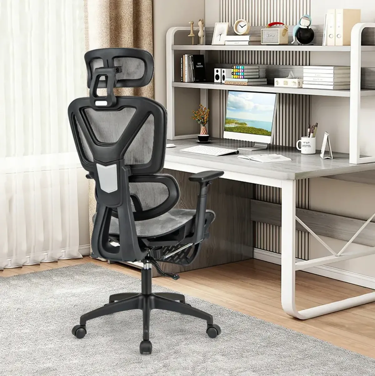 Mesh Office Chair with Tilting Backrest and Retractable Footrest-Grey