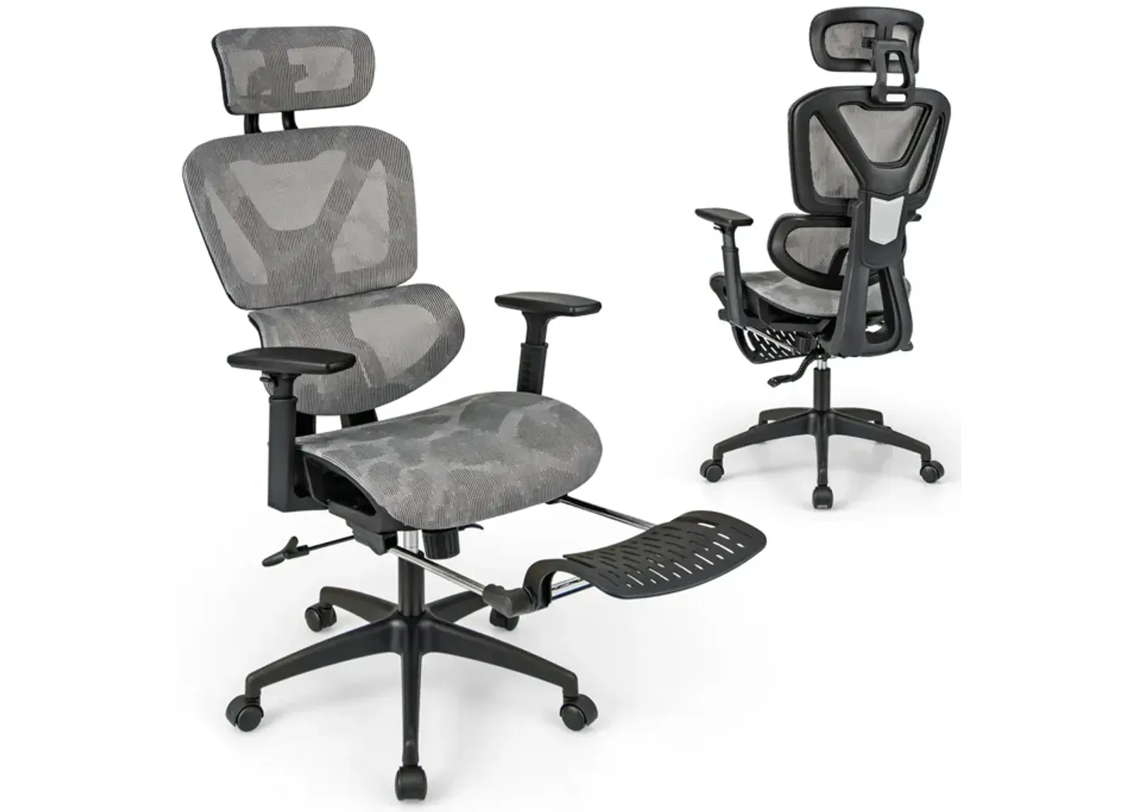 Mesh Office Chair with Tilting Backrest and Retractable Footrest-Grey