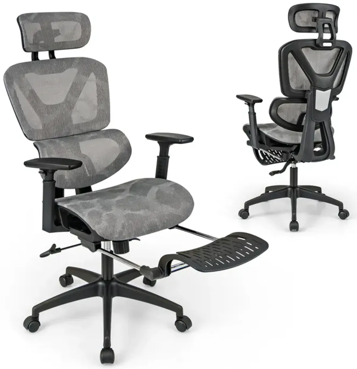 Mesh Office Chair with Tilting Backrest and Retractable Footrest-Grey