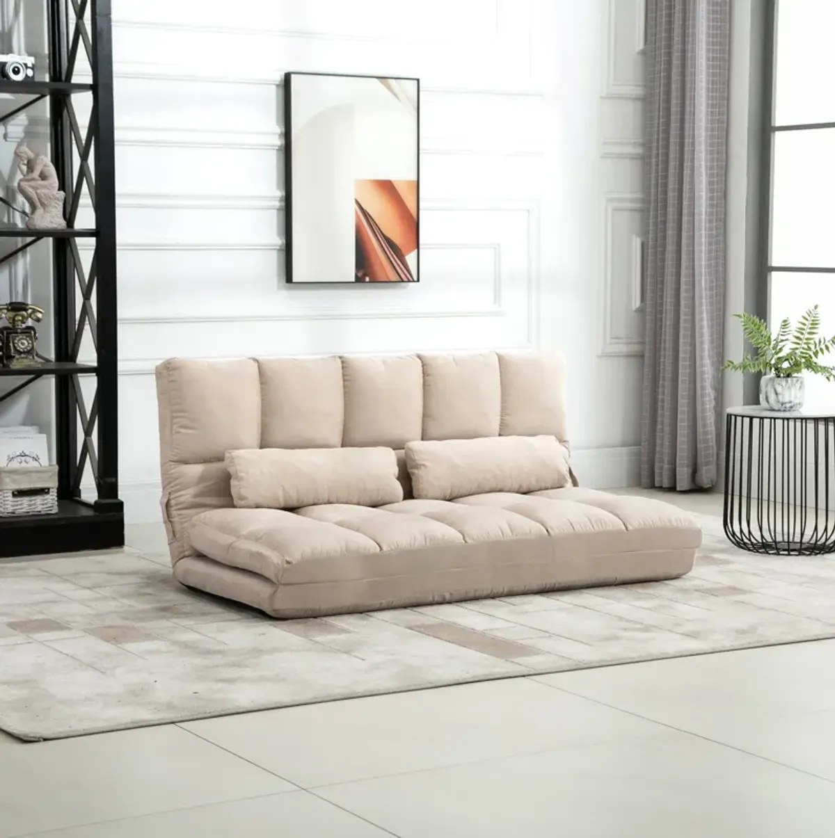 Beige Floor Sofa: Folding Convertible Couch Bed with Pillows