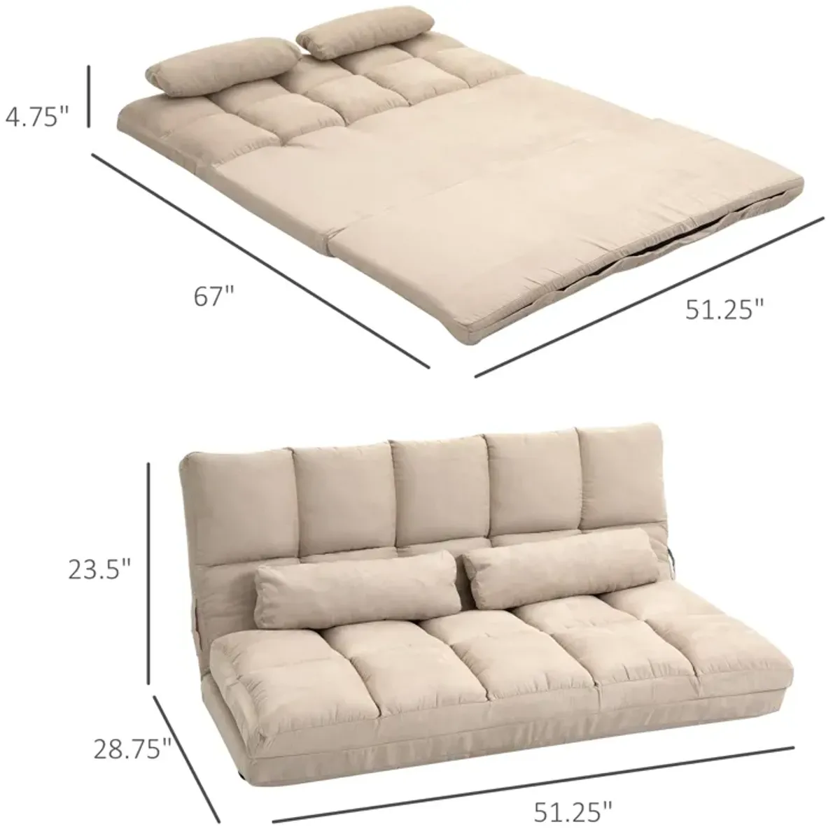 Beige Floor Sofa: Folding Convertible Couch Bed with Pillows