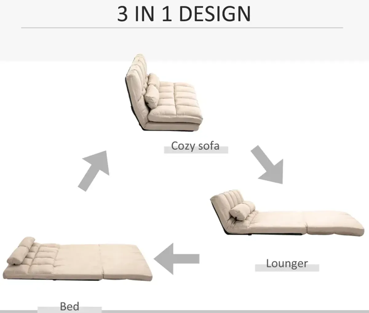 Beige Floor Sofa: Folding Convertible Couch Bed with Pillows