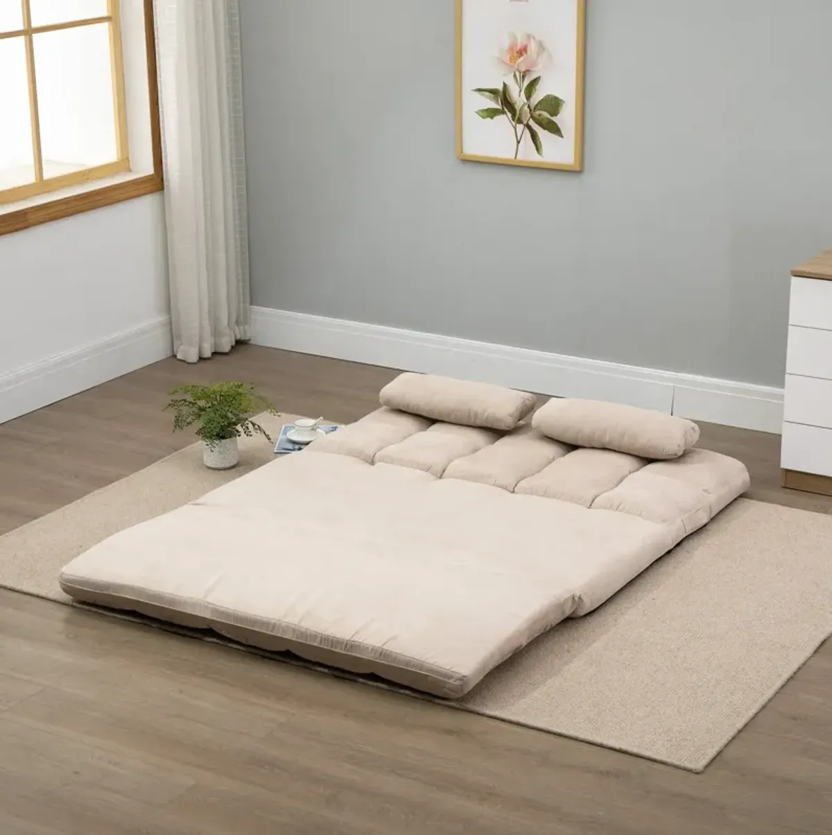 Beige Floor Sofa: Folding Convertible Couch Bed with Pillows