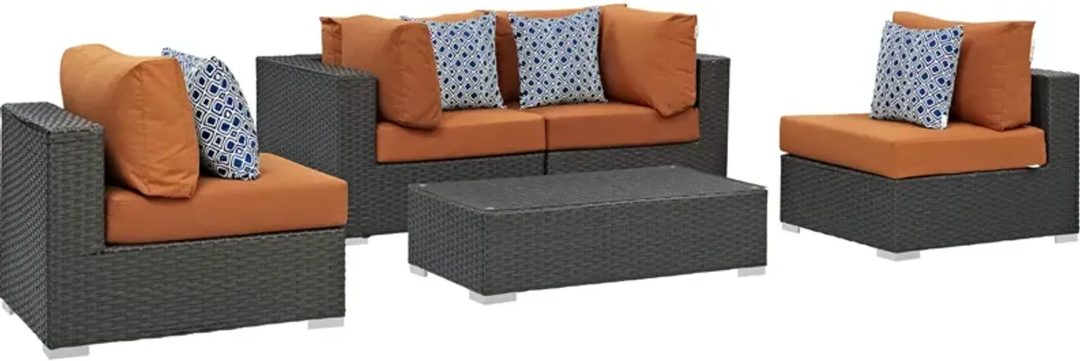 Sojourn Outdoor Patio Furniture Set - Sunbrella Cushions, Synthetic Rattan, UV Protection, Aluminum Frame - Includes Coffee Table, Armless Chairs, Corners