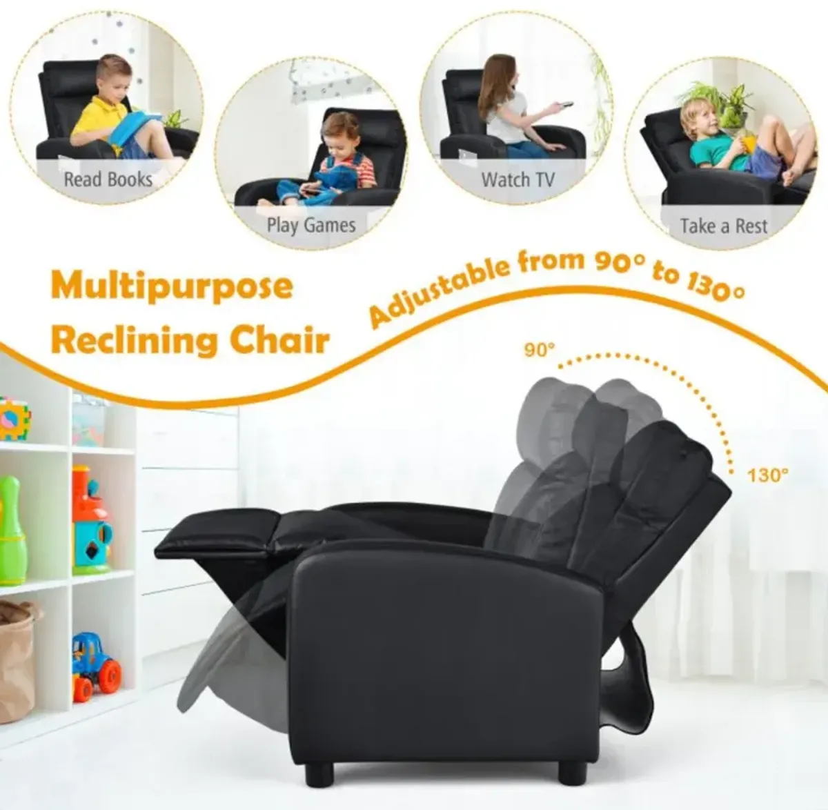 Hivvago Ergonomic PU Leather Kids Recliner Lounge Sofa for 3-12 Age Group