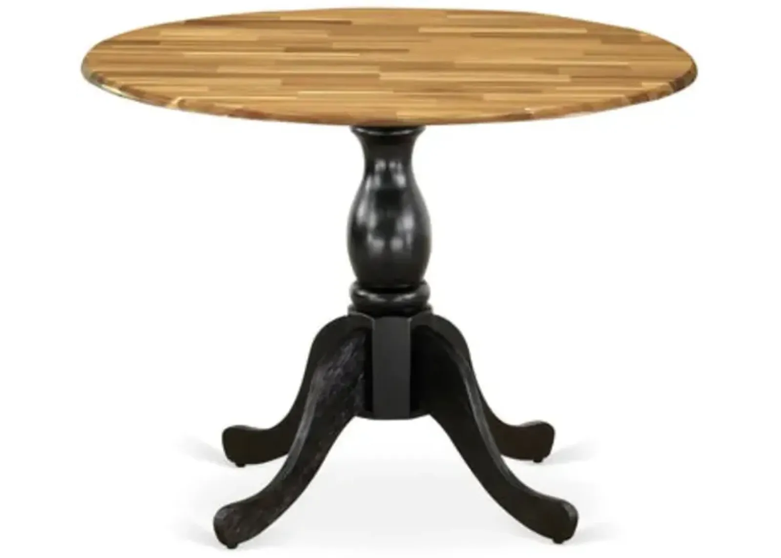 East West Furniture Round Dinning Table with Drop Leaves - Natural Table Top and Black Pedestal Leg Finish