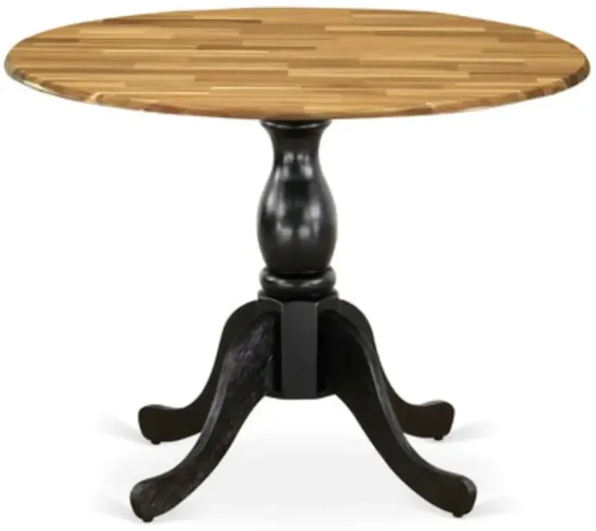 East West Furniture Round Dinning Table with Drop Leaves - Natural Table Top and Black Pedestal Leg Finish