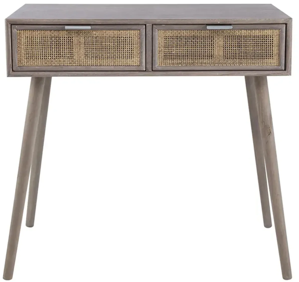 Pia 31 Inch Console Table, Pine Wood, 2 Drawer, Woven Rattan, Rustic Brown-Benzara