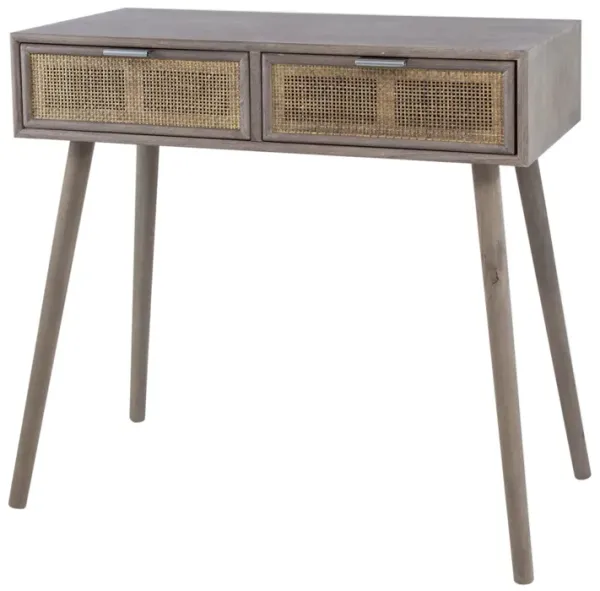 Pia 31 Inch Console Table, Pine Wood, 2 Drawer, Woven Rattan, Rustic Brown-Benzara
