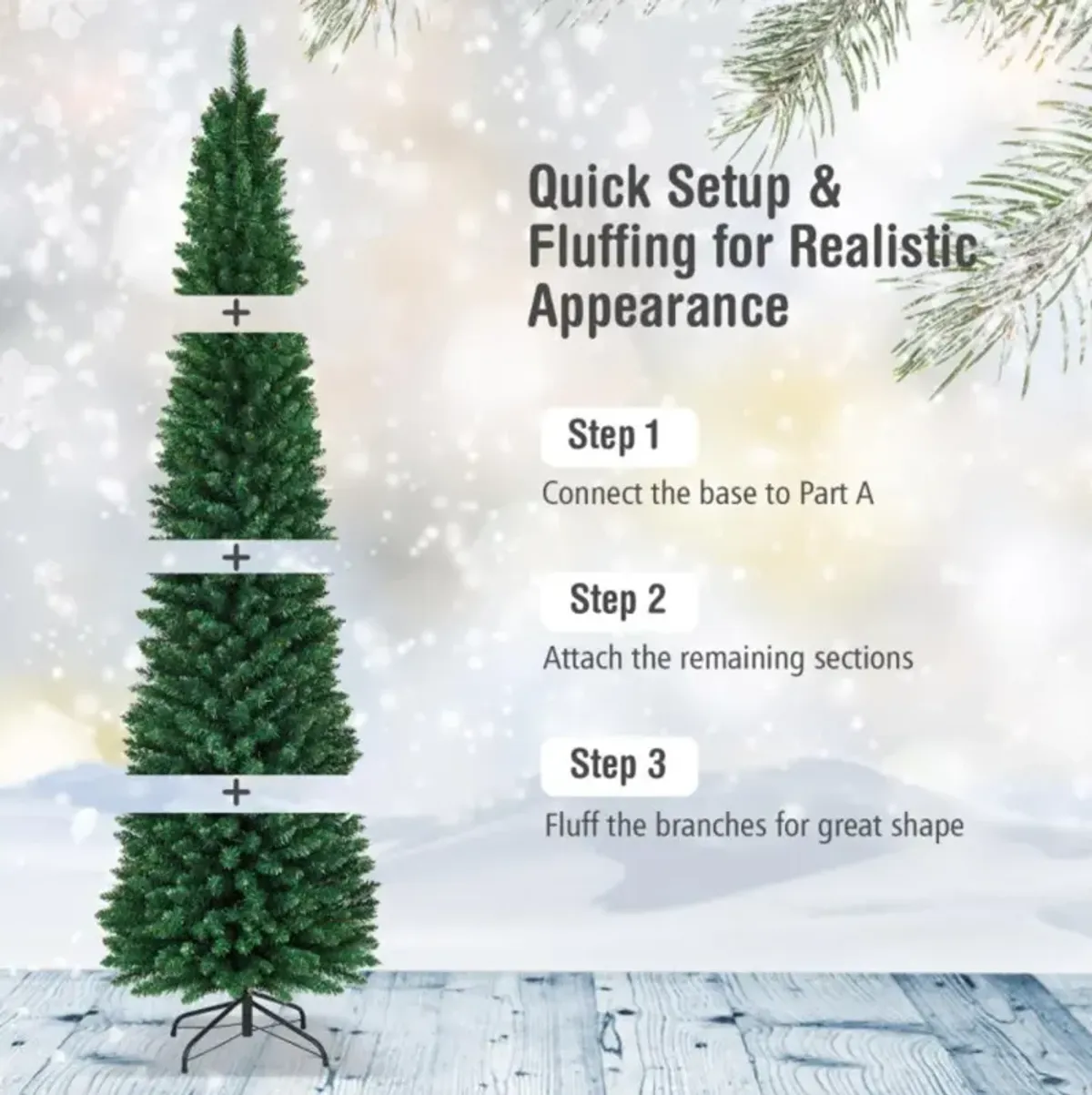 Hivvago 5/6/7/8/9 Feet PVC Artificial Slim Pencil National Christmas Tree with Metal Stand