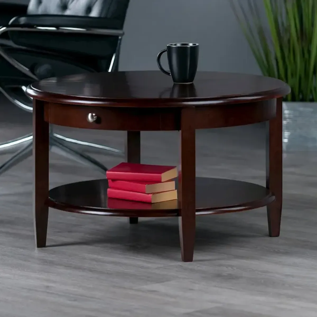 Concord Round Coffee Table with Drawer and Shelf