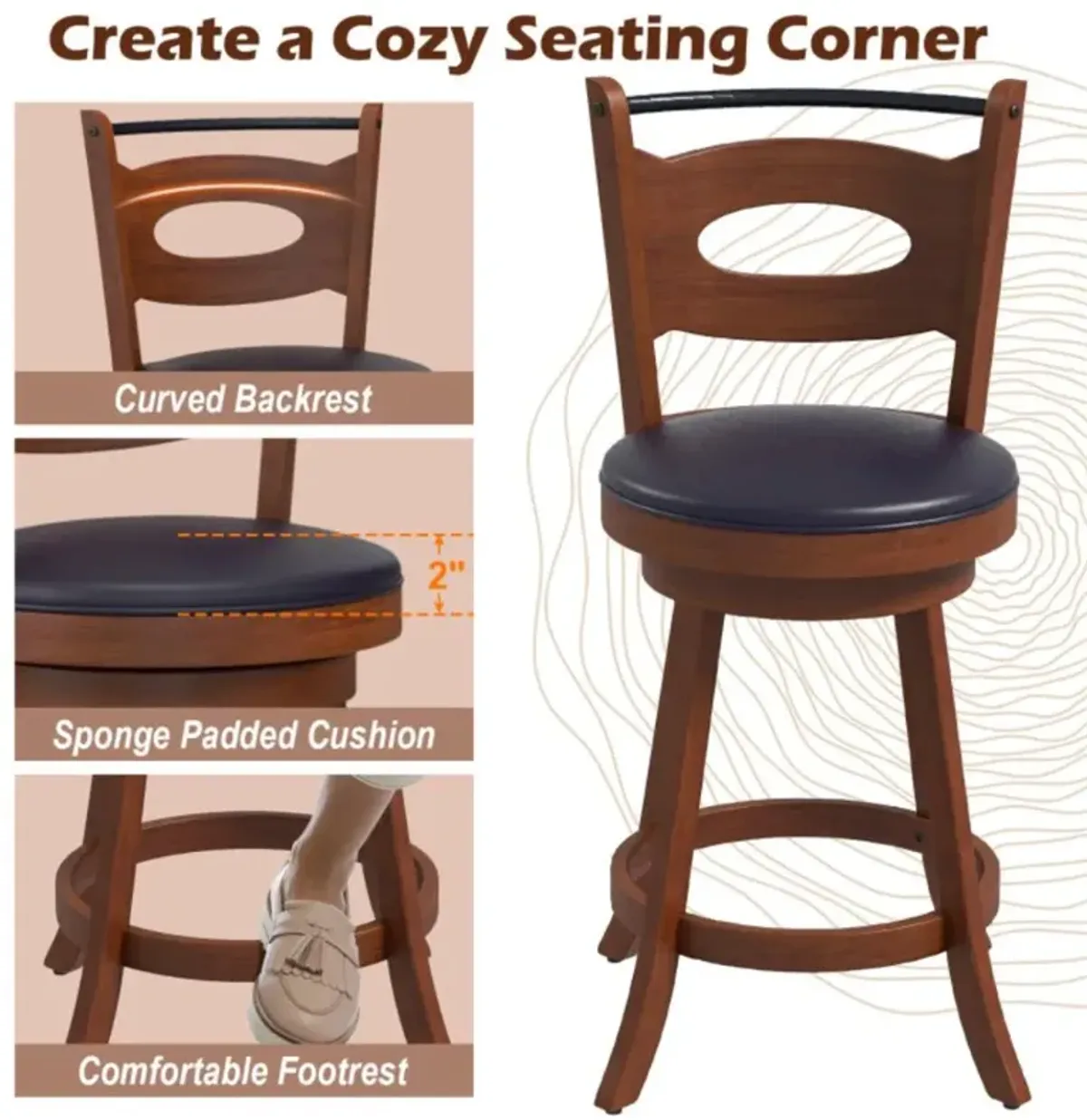 Hivvago 2 Pieces 24/29 inch Swivel Bar Stools with Curved Backrest and Seat Cushions