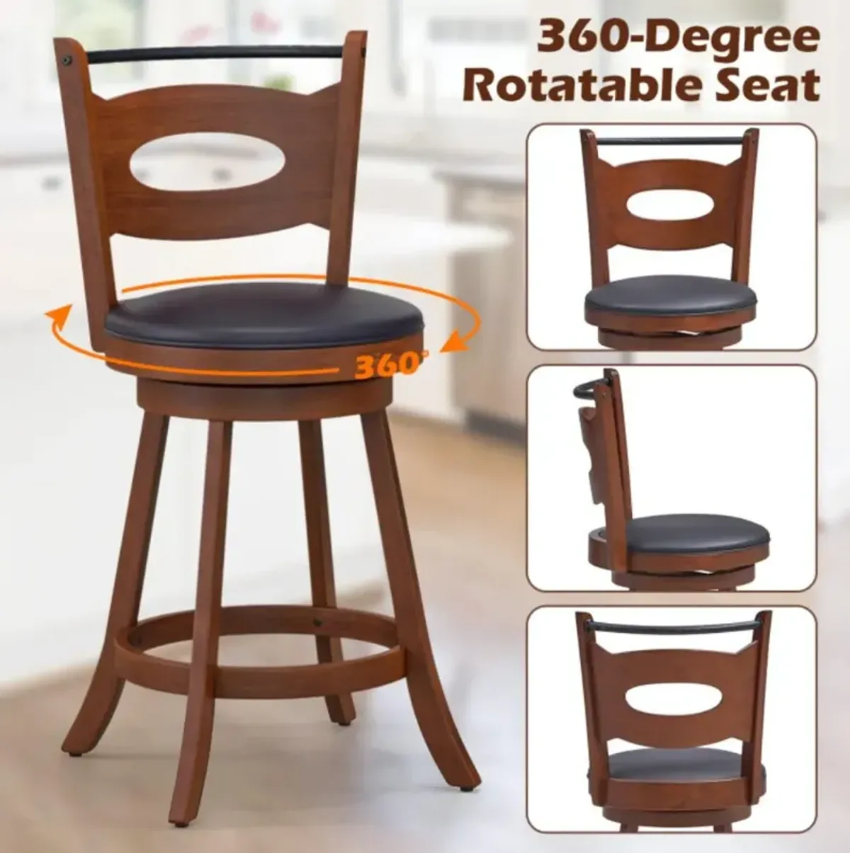 Hivvago 2 Pieces 24/29 inch Swivel Bar Stools with Curved Backrest and Seat Cushions